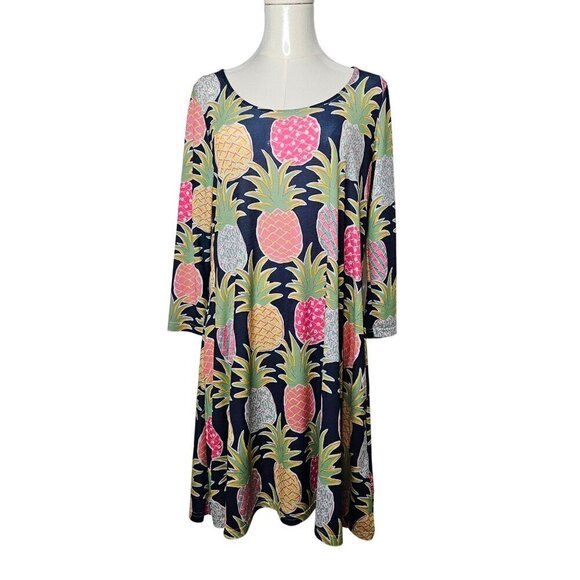 Simply Southern Small Pineapple Dress Navy Stretch Knit Sharkbite Hem Tropical - Picture 1 of 8